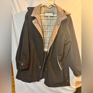 Liz Claiborne Black Raincoat with Tan Lining MISSING ONE BUTTON